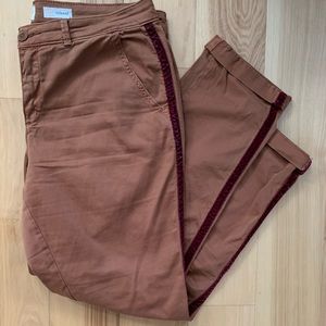 Anthropologie brown pants with red velvet stripe